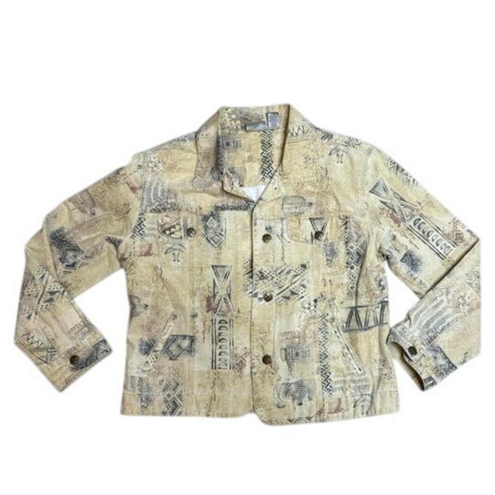Chicos Jacket Sz 1 M Yellow Gray Aztec Southwestern Art to Wear